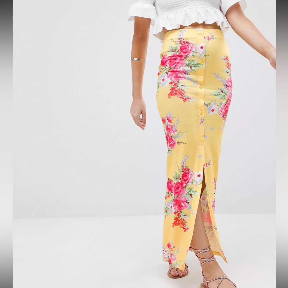 ASOS Yellow Floral Maxi Skirt With Button front